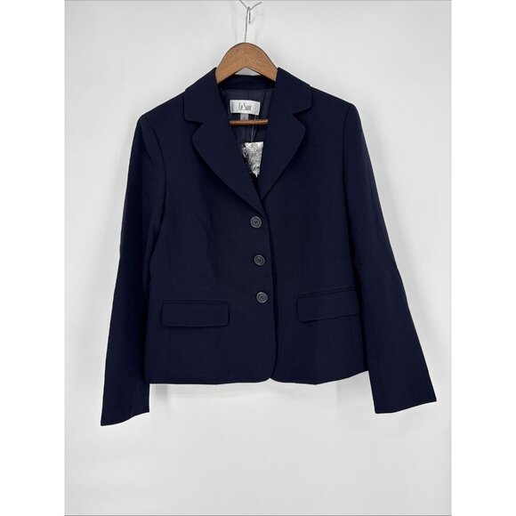 Le Suit Womens Size 8 Navy Blue Notch Collar Three Button Blazer Jacket Work NWT - Picture 2 of 7
